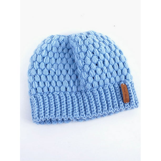 Women's Girl Winter Stretch Knit Hat Messy Bun Ponytail Beanie Holey Warm Hat 